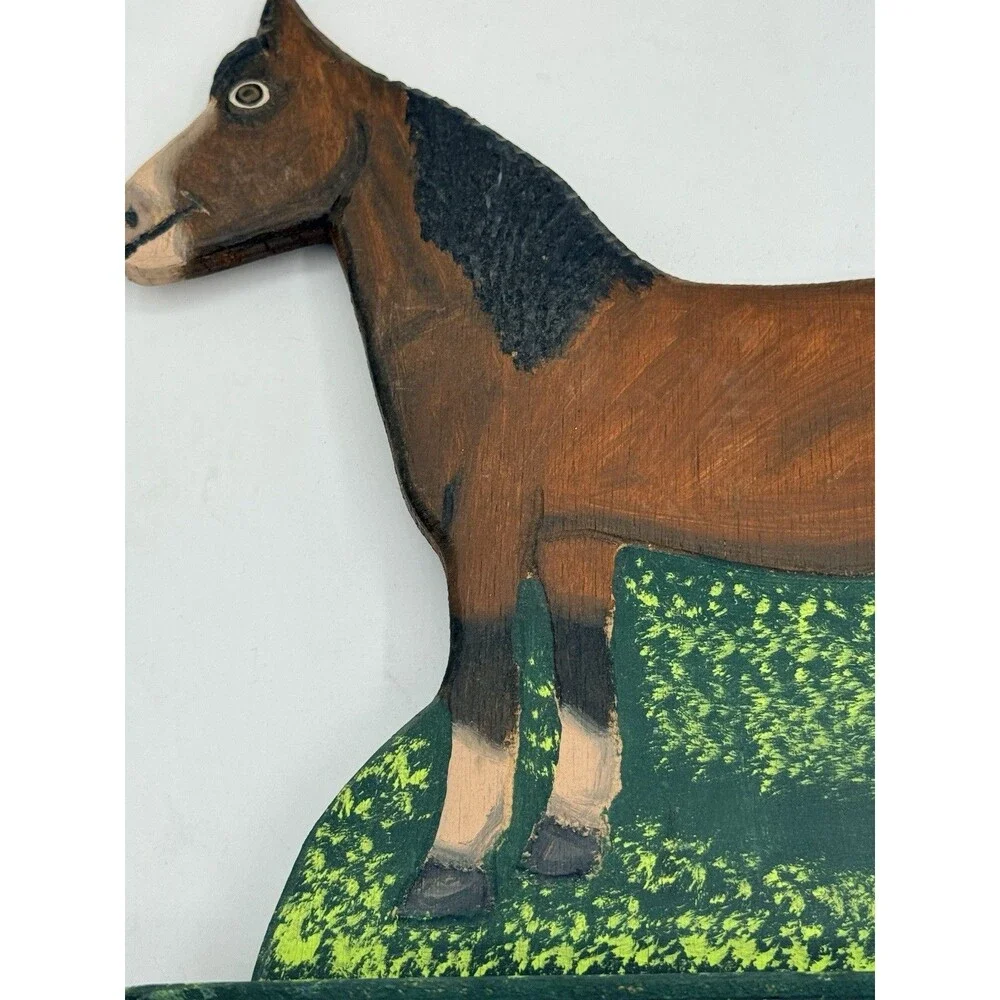 Vintage 1989 Menno Shirk Folk Art Wood Carved Brown Horse 9.5” w/ Signed Base